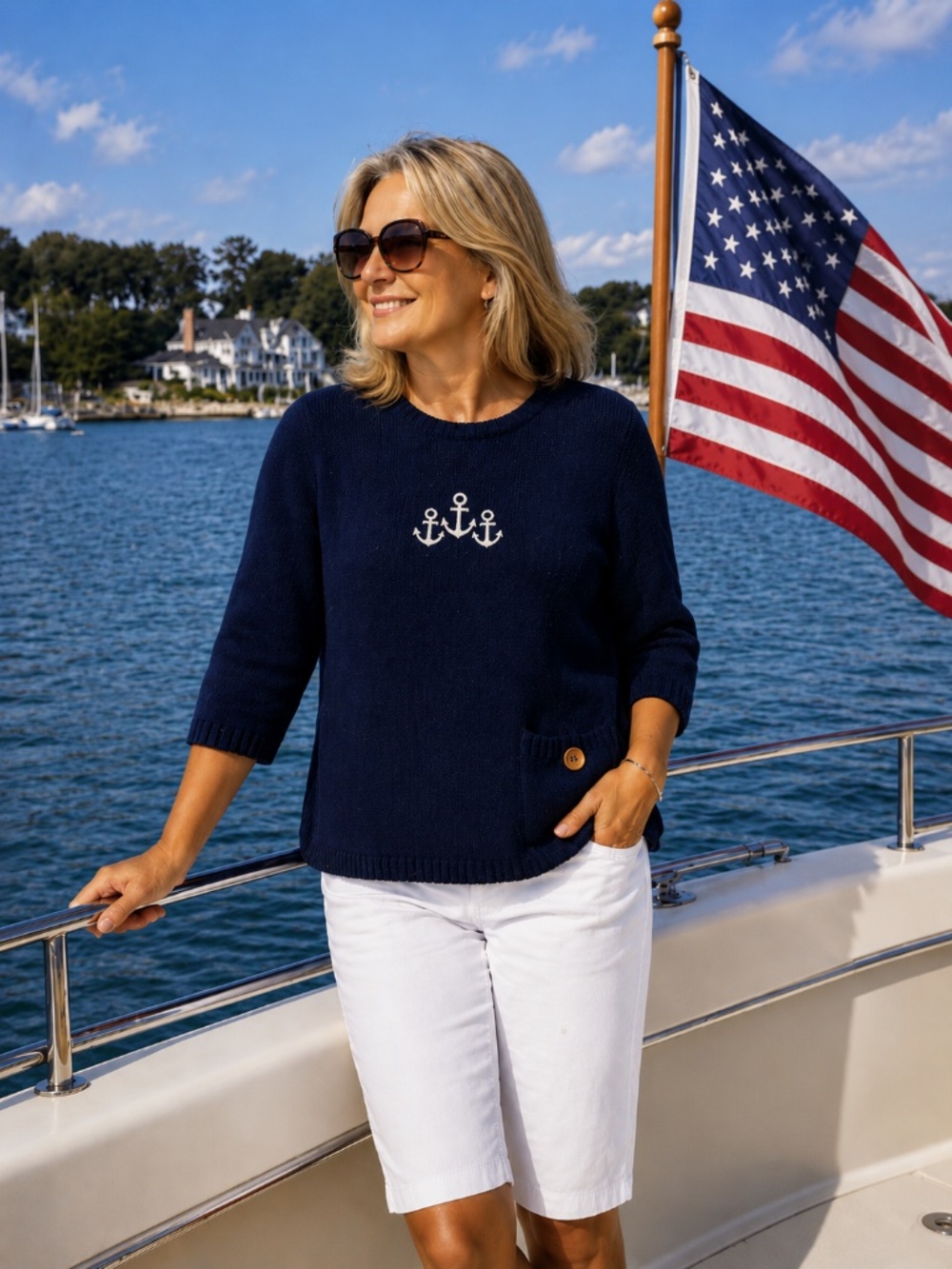 Breezes Nautical Anchor Sweater | Lightweight Knit Pullover Coastal Navy Size L